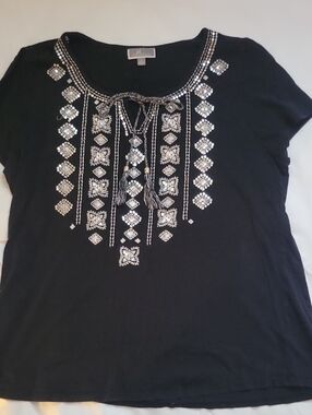 J&M Short-Sleeve Scoop Top with Silver Embellishments